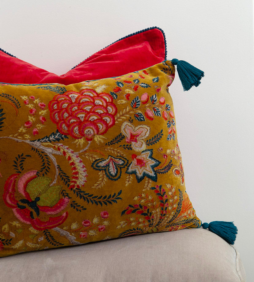 Courte-pointe en velours de coton moutarde Coussin assorti- Les Indiennes – 100 x 180 cm