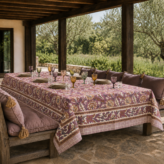 nappe impression tampon de bois motifs floraux violet
