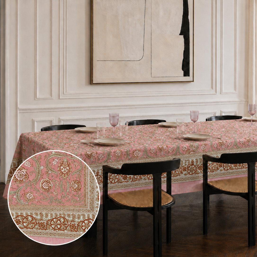 Nappe Irène impression tampon de bois + 8 serviettes