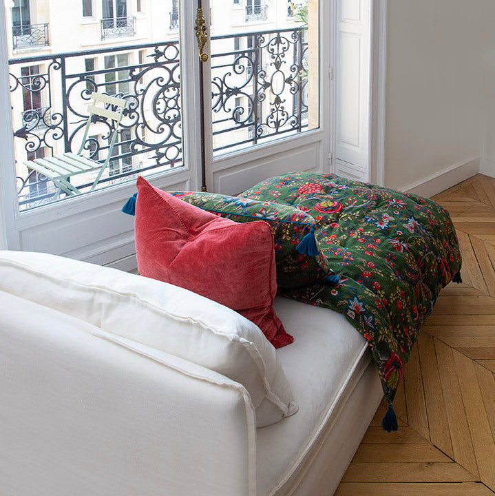 Courte-pointe en velours de coton vert sapin & Coussin assorti -