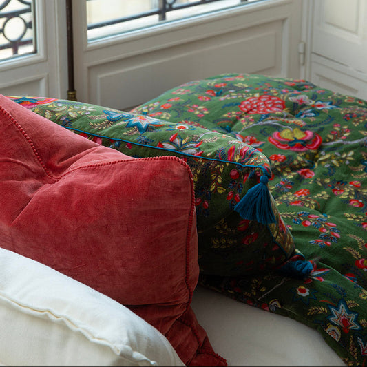 Courte-pointe en velours de coton vert sapin & Coussin assorti -