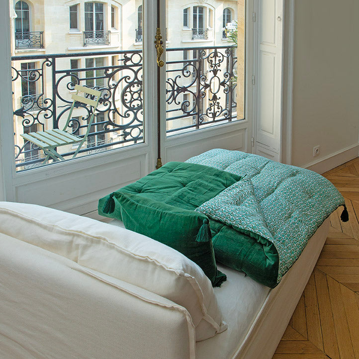 boutis velours de coton reversible  et impression tampon de bois fait main