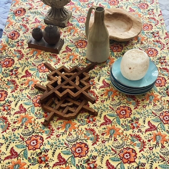Nappe block print Summer Vibes en coton & serviettes assorties
