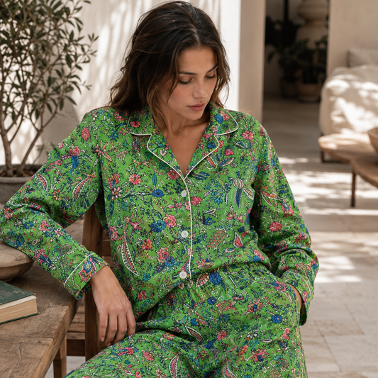 Pyjama en popeline de coton vert joyeux - 3 tailles