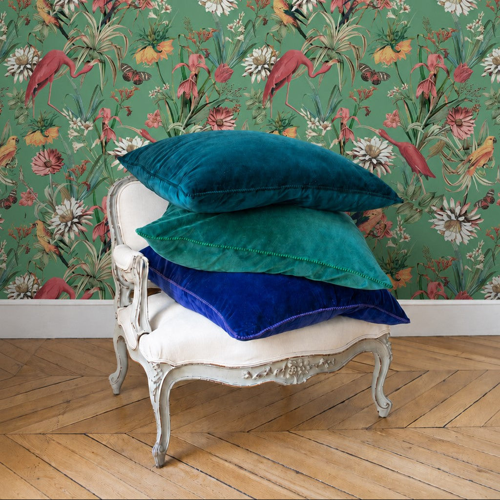 Coussin en velours de coton vert lumineux