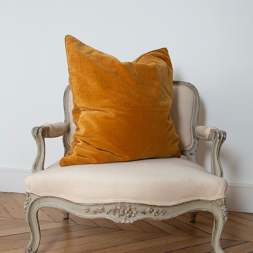 coussin velours de coton fait main jaune