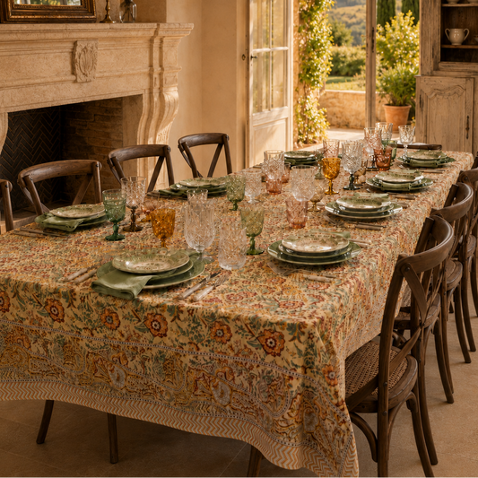 Nappe block print Summer Vibes en coton & serviettes assorties