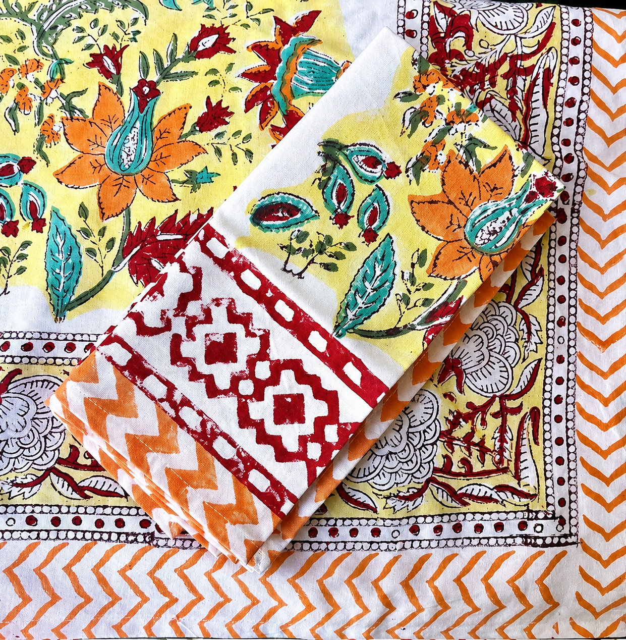 Nappe block print Summer Vibes en coton & serviettes assorties